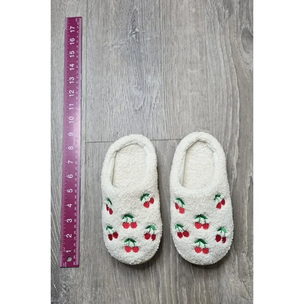 Girls Fuzzy Cherry Slippers Size 13/1 Cream Cozy Plush House Shoes